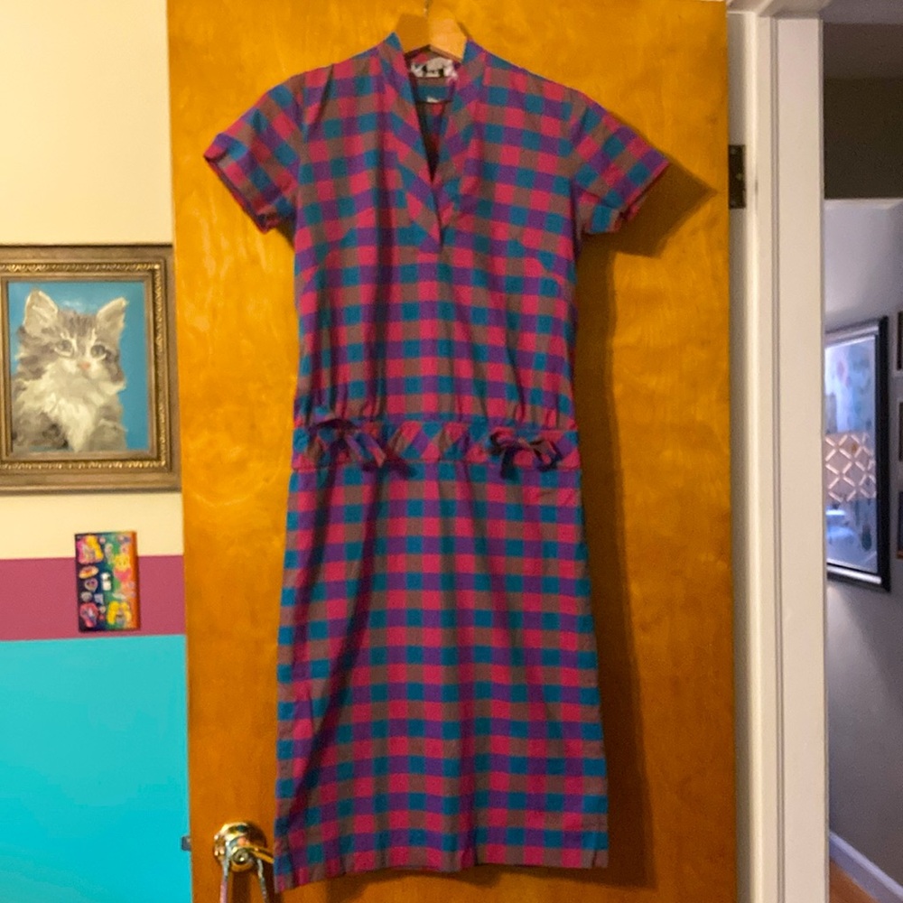 1960s plaid v-neck vibrant color dress